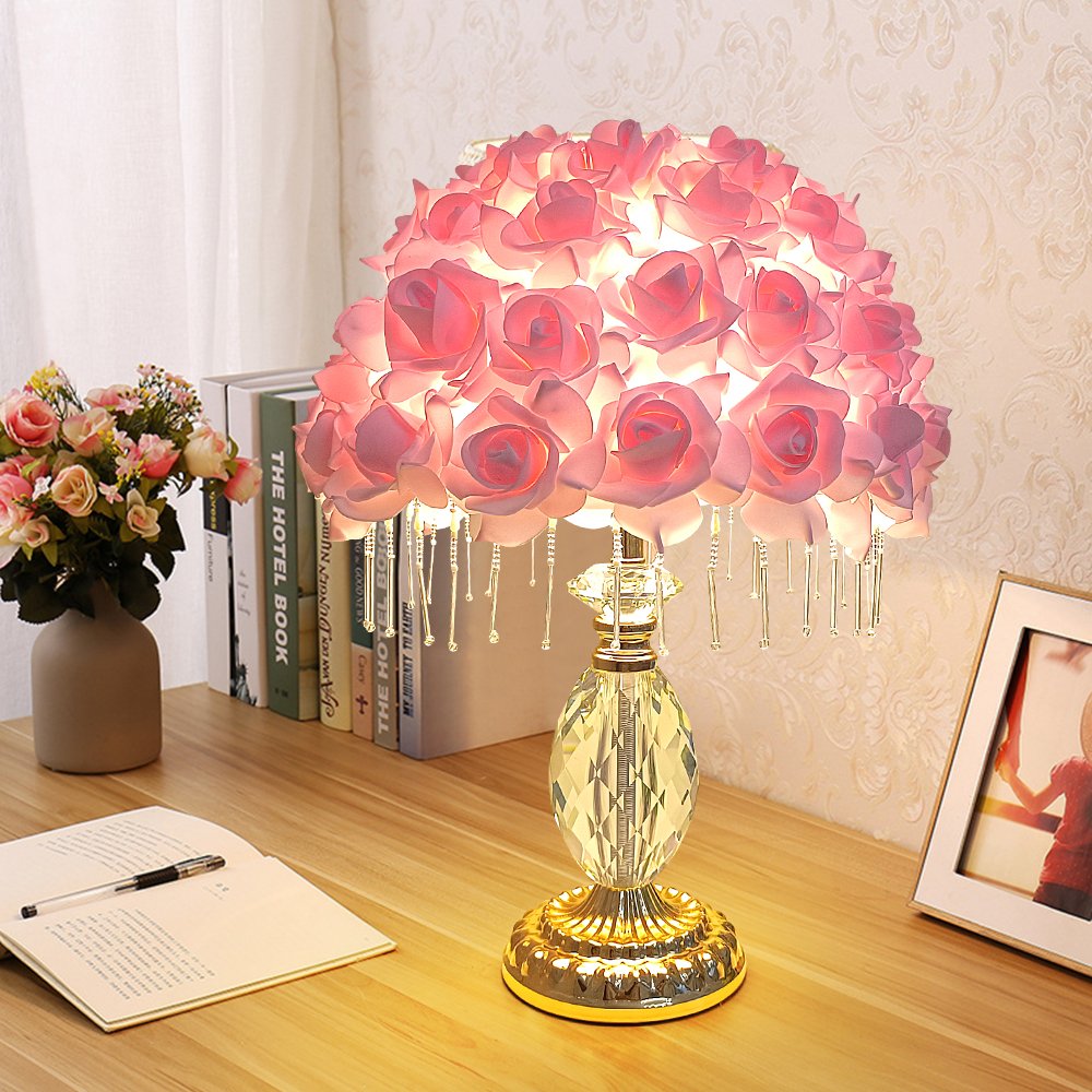 Pink Rose Ball Crystal Table Lamp, Crystal Tassel Vintage Desktop Lamp, Atmosphere Lamp for Wedding Gifts