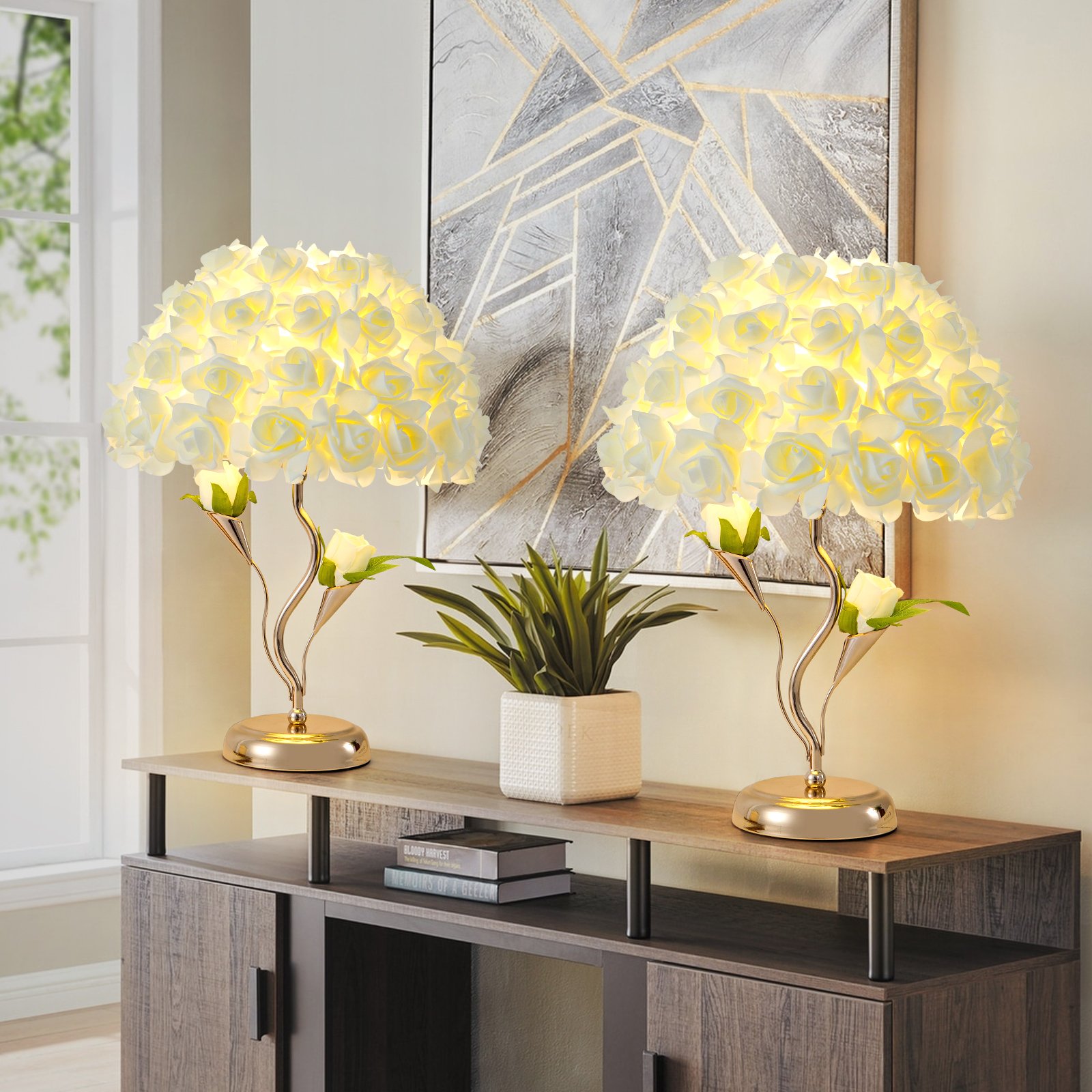 Realistic White Rose Spherical Bouquet Table Lamp with Curved Golden Stand – Luxury Floral Déc