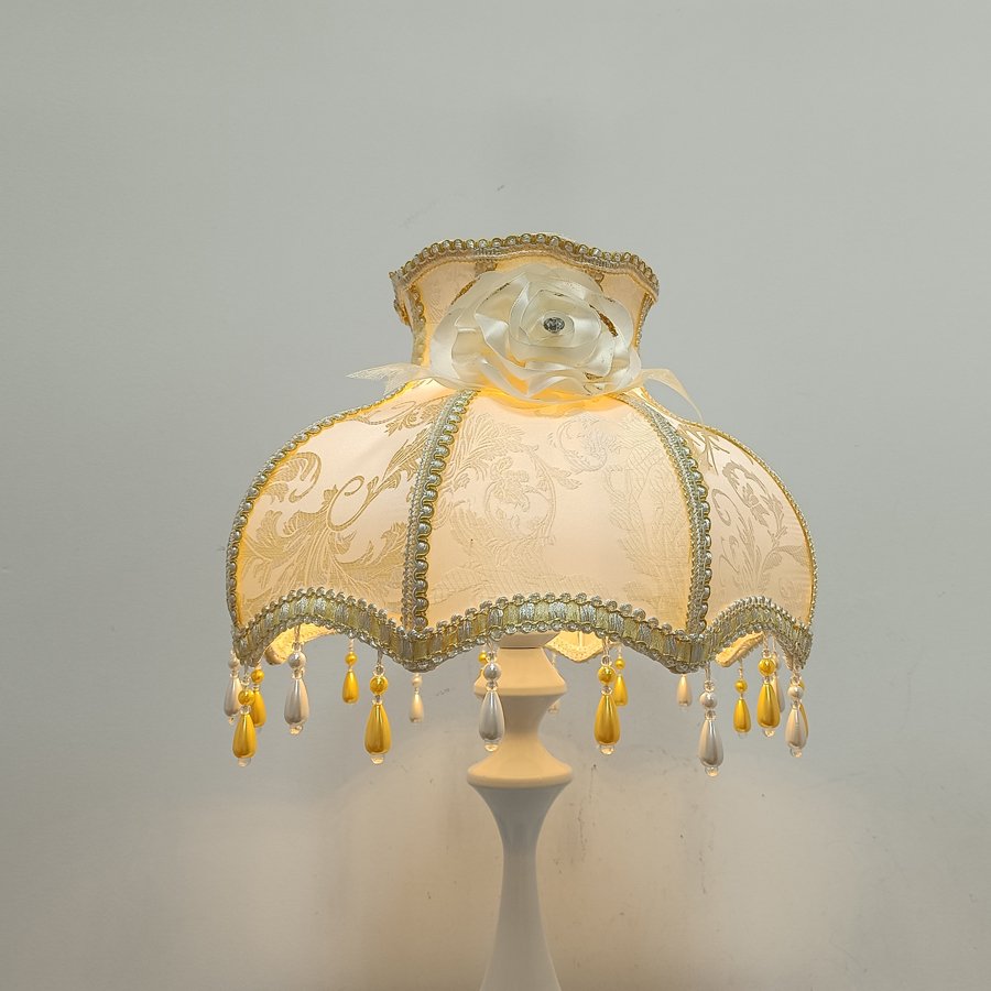 European Vintage Jacquard Fabric Lampshade, Beige‑Gold Rose Decor Bead Tassel Lamp Shade for Table Lamp Floor Lamp Home Decor