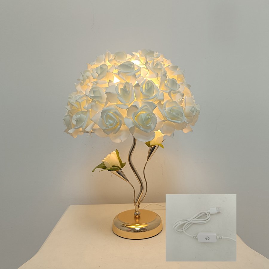 Realistic White Rose Spherical Bouquet Table Lamp with Curved Golden Stand – Luxury Floral Déc