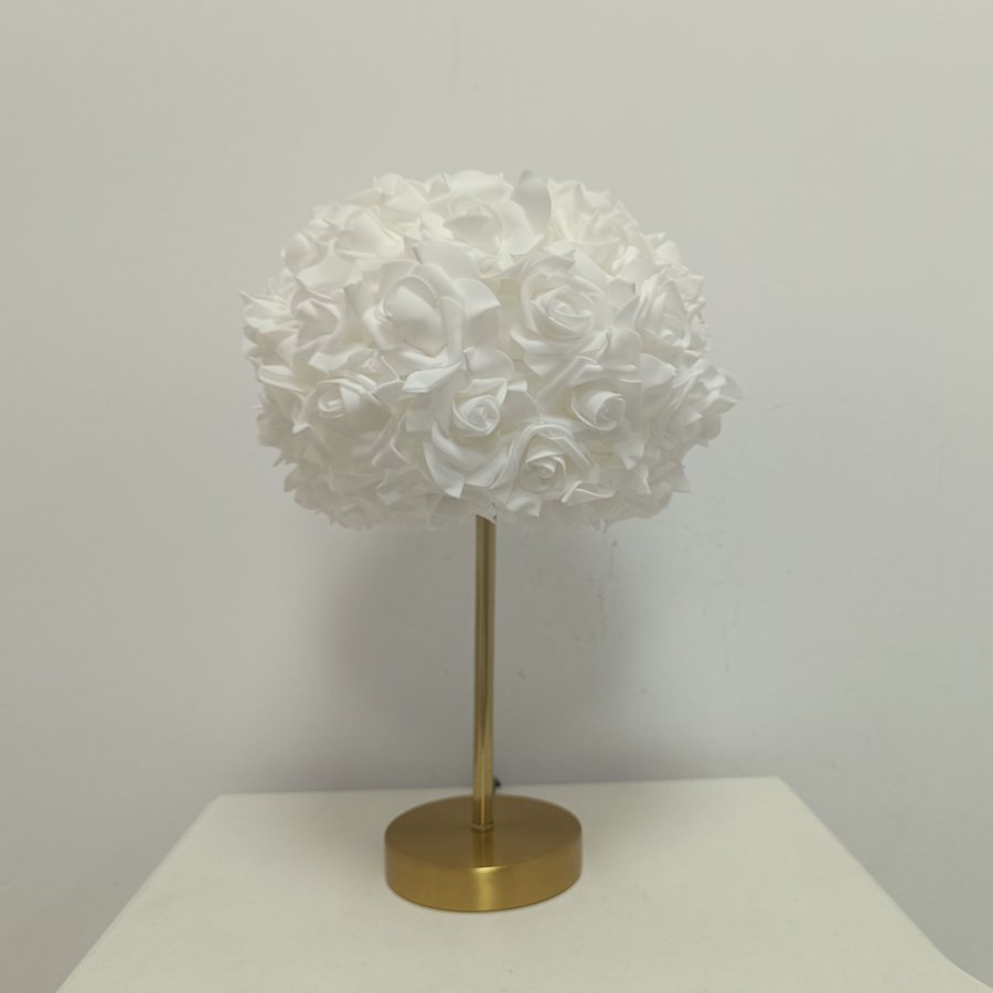 Aesthetic Rose Flower Ball Table Lamp, Romantic Floral Sphere Bedside Lamp with Gold Stand for Bedroom & Wedding Decoration