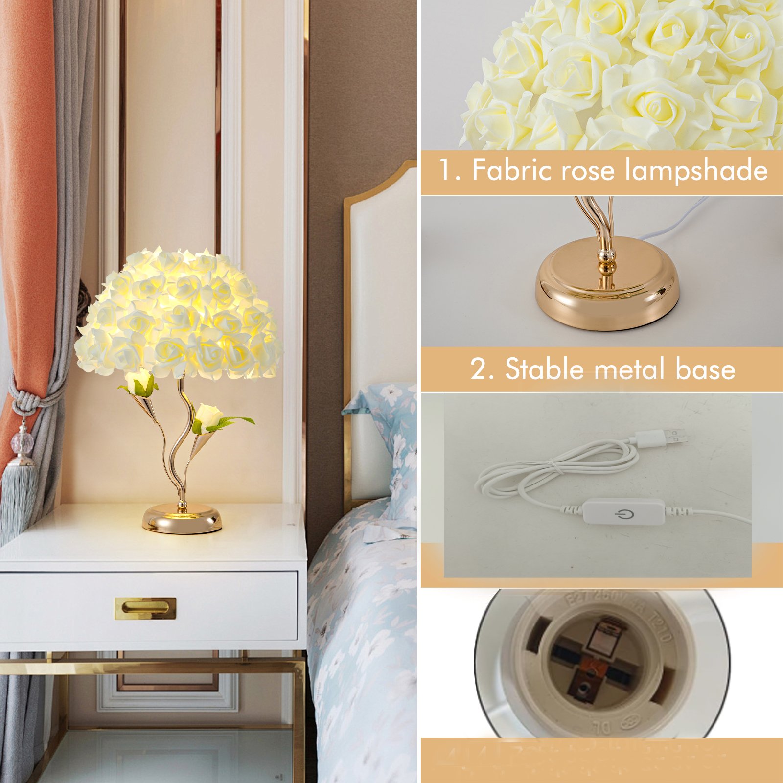 Realistic White Rose Spherical Bouquet Table Lamp with Curved Golden Stand – Luxury Floral Déc