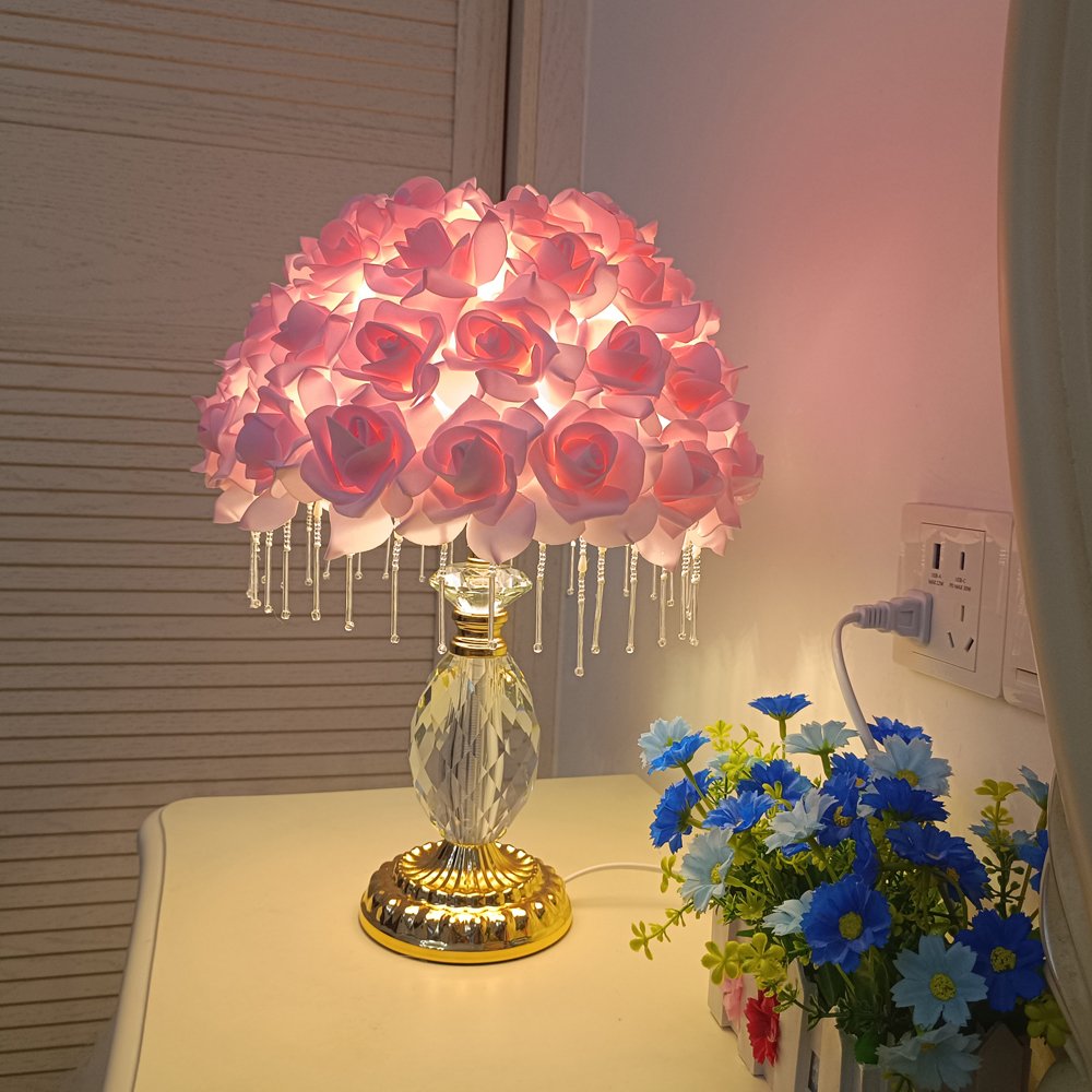 Pink Rose Ball Crystal Table Lamp, Crystal Tassel Vintage Desktop Lamp, Atmosphere Lamp for Wedding Gifts