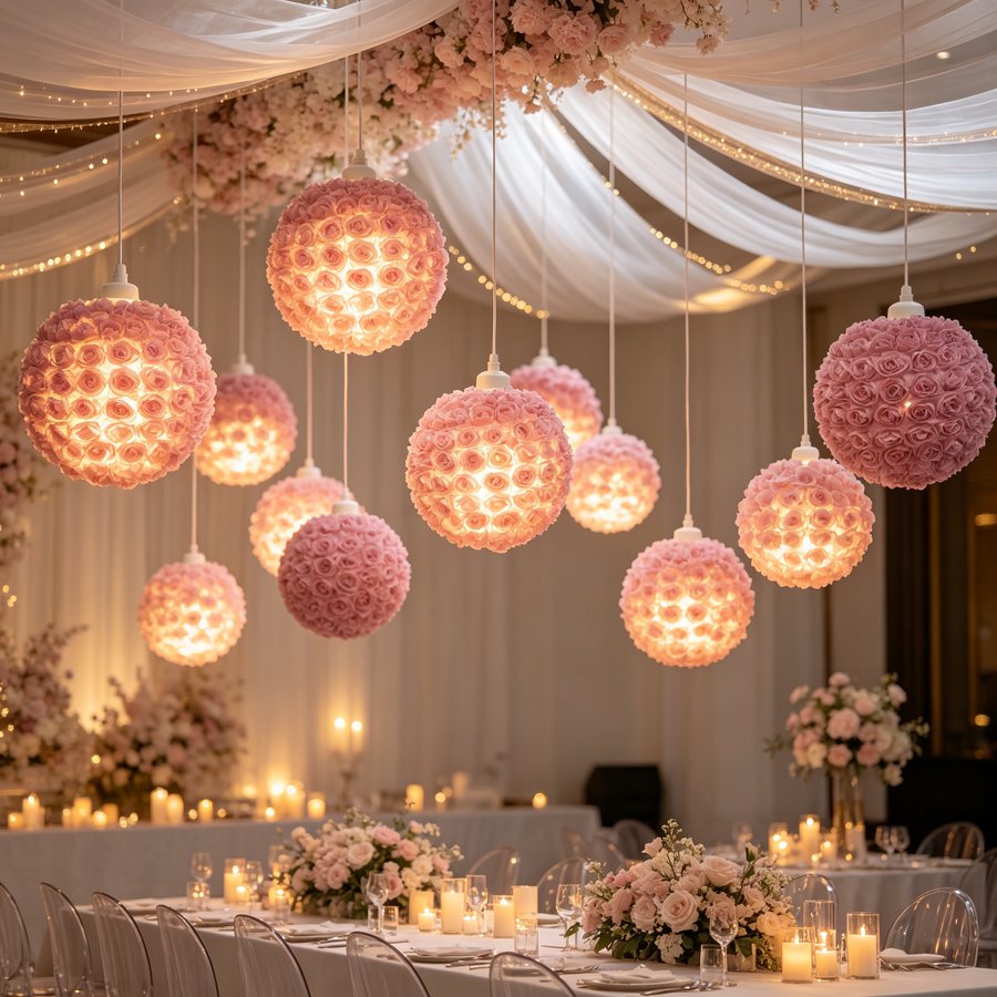 Warm and Romantic White & Taro‑Purple 3D Rose Sphere Fabric Lampshade, Replacement Lampshade Accessory for Girl‑Style Bedroom Pendant Lights and Table Lamps, Lampshade for Wedding Decorative Pendant Lights