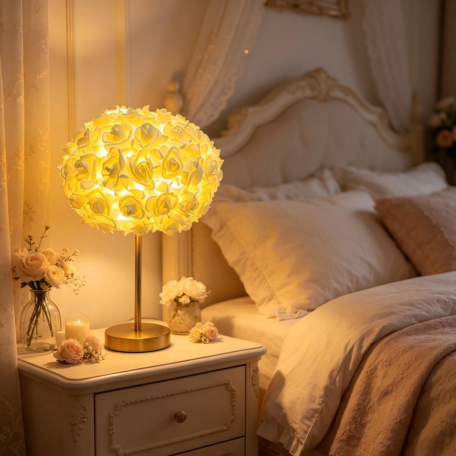 Aesthetic Rose Flower Ball Table Lamp, Romantic Floral Sphere Bedside Lamp with Gold Stand for Bedroom & Wedding Decoration