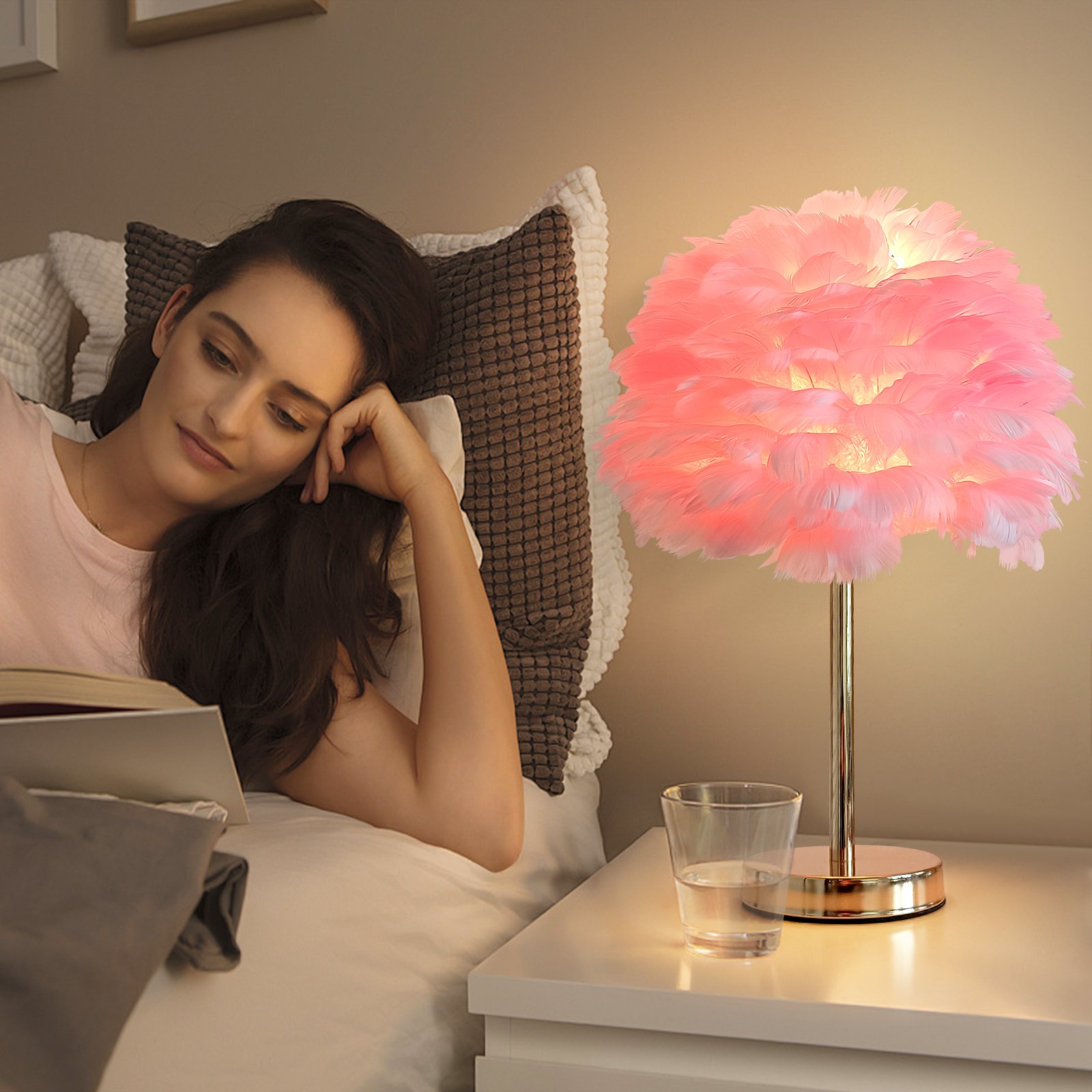 Fluffy Feather Table Lamp, Aesthetic Bedside Night Light with Gold Base & Plume Shade, Coquette Room Decor