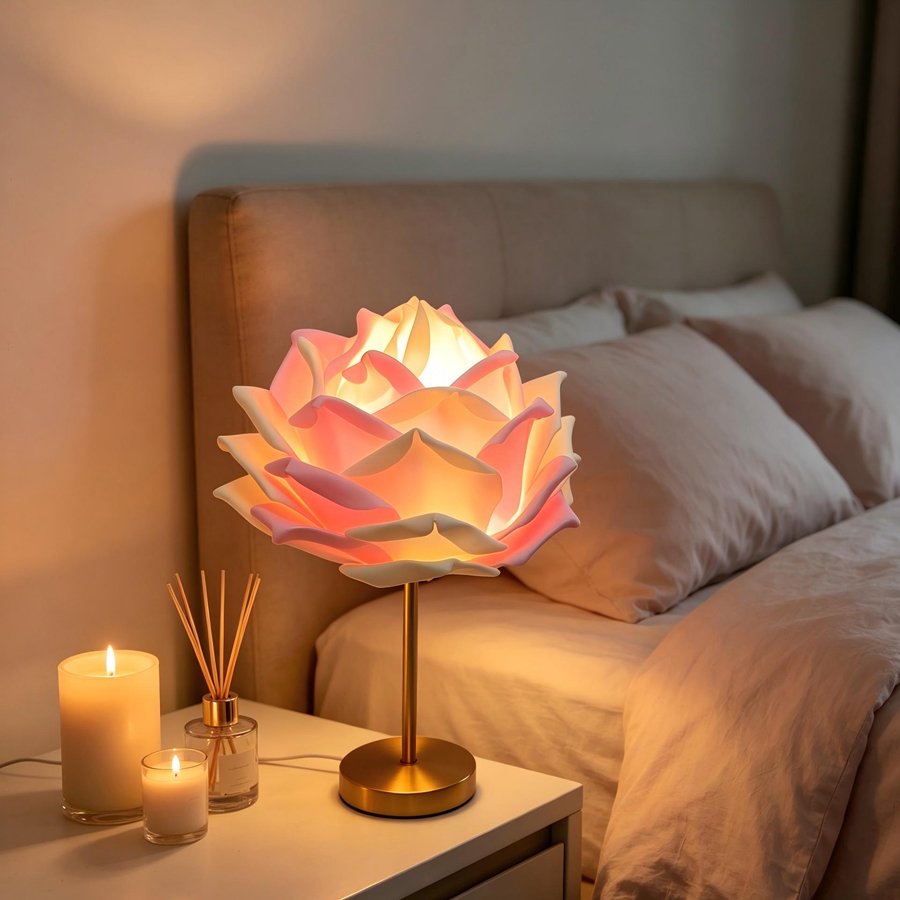 Desktop Table Lamp with Simulated Large Rose‑Petal Shape, Romantic Small Table Lamp for Bridal Chamber and Homestay Decoration