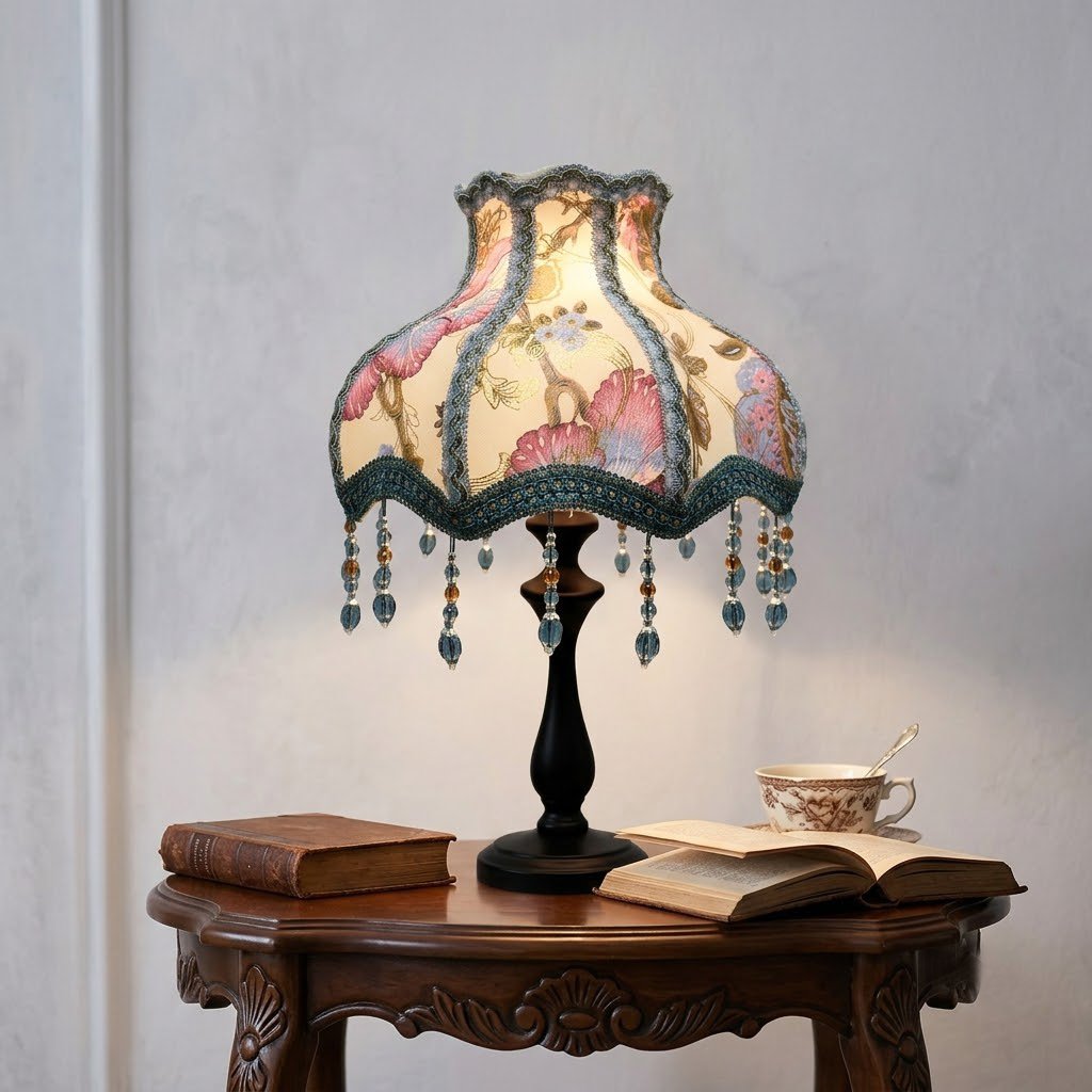 Vintage French Floral Lampshade, Victorian Jacquard Fabric Table Lamp Shade Replacement with Beaded Tassels, Antique Room Decor (Lampshade Only)