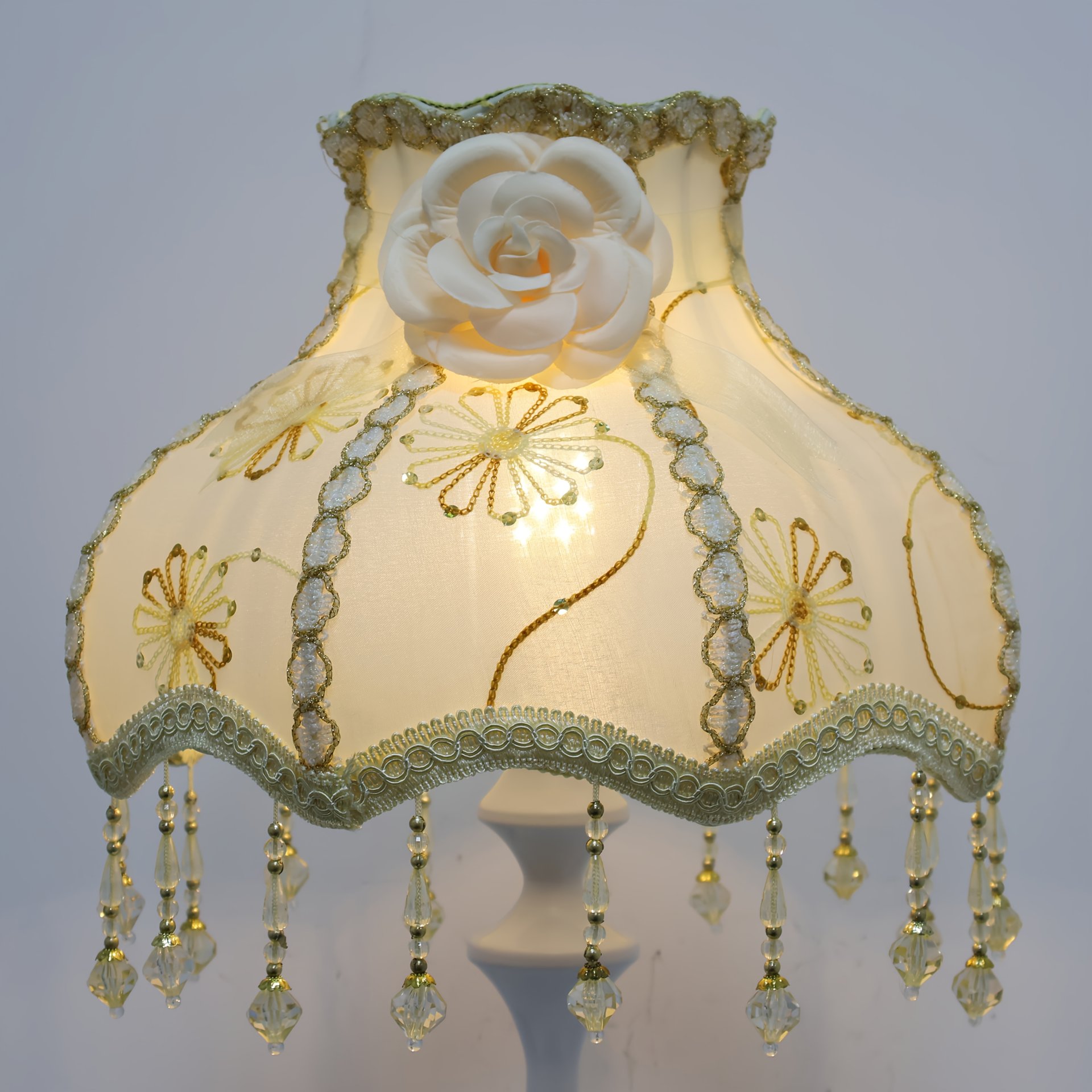 Vintage Embroidered Fabric Shade, featuring Swarovski Crystal and Mountain Tea Flower Pattern.