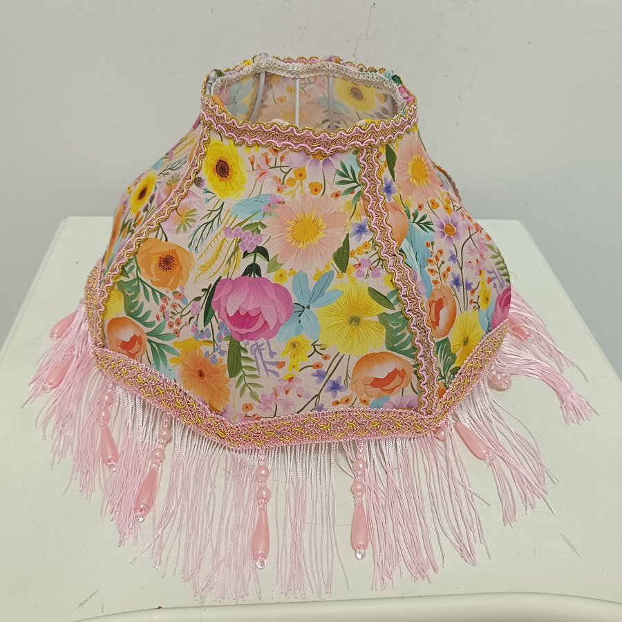 Colorful Garden Floral Print Fabric Lampshade, Pink Tassel Bead Pendant Replacement Lamp Shade for Table Floor Lamp Home Decor
