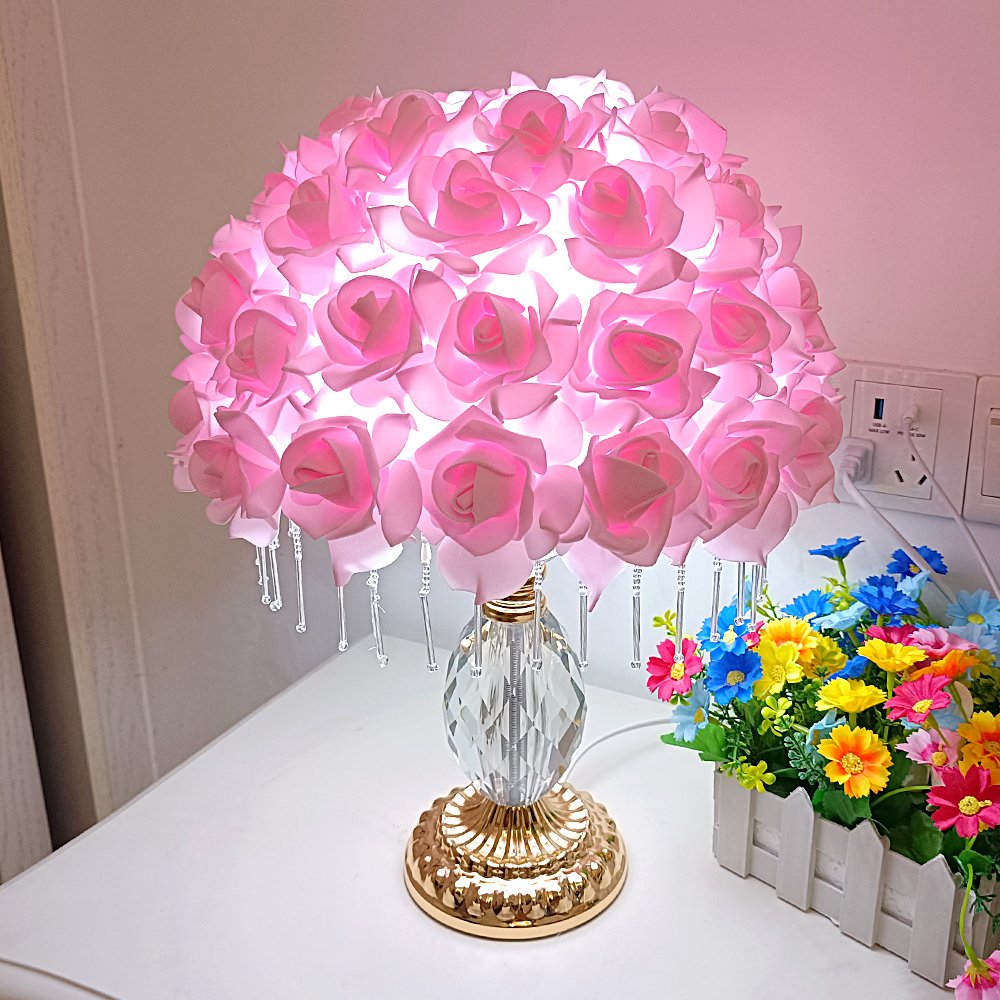 Pink Rose Ball Crystal Table Lamp, Crystal Tassel Vintage Desktop Lamp, Atmosphere Lamp for Wedding Gifts