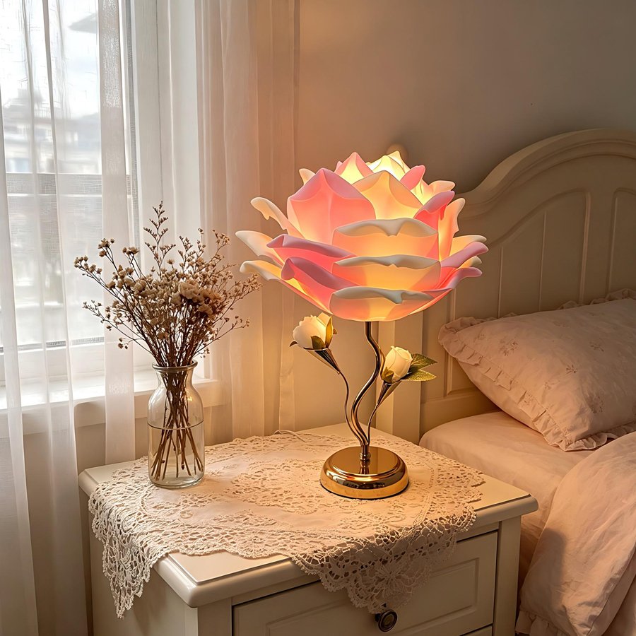 Large‑sized white rose flower table lamp, romantic floral decorative lamp, bedroom ambient bedside lamp