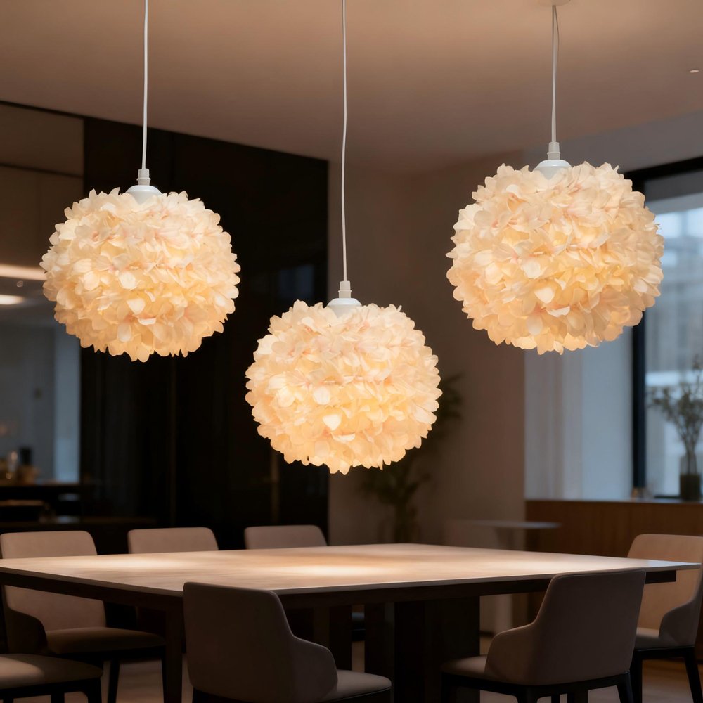 Light‑pink hydrangea spherical lampshade, artificial floral ball lampshade, flower‑shade accessories for wedding & bedroom table lamps and pendant lights