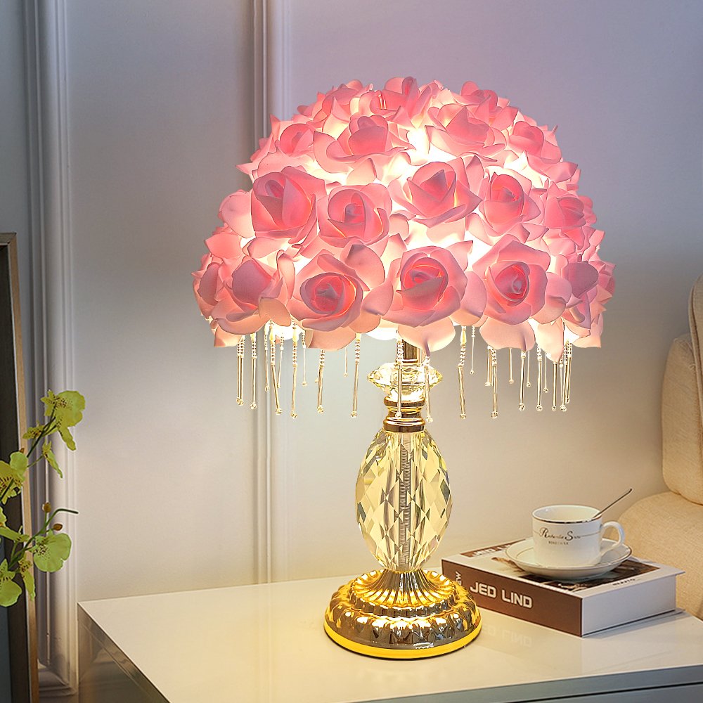 Pink Rose Ball Crystal Table Lamp, Crystal Tassel Vintage Desktop Lamp, Atmosphere Lamp for Wedding Gifts