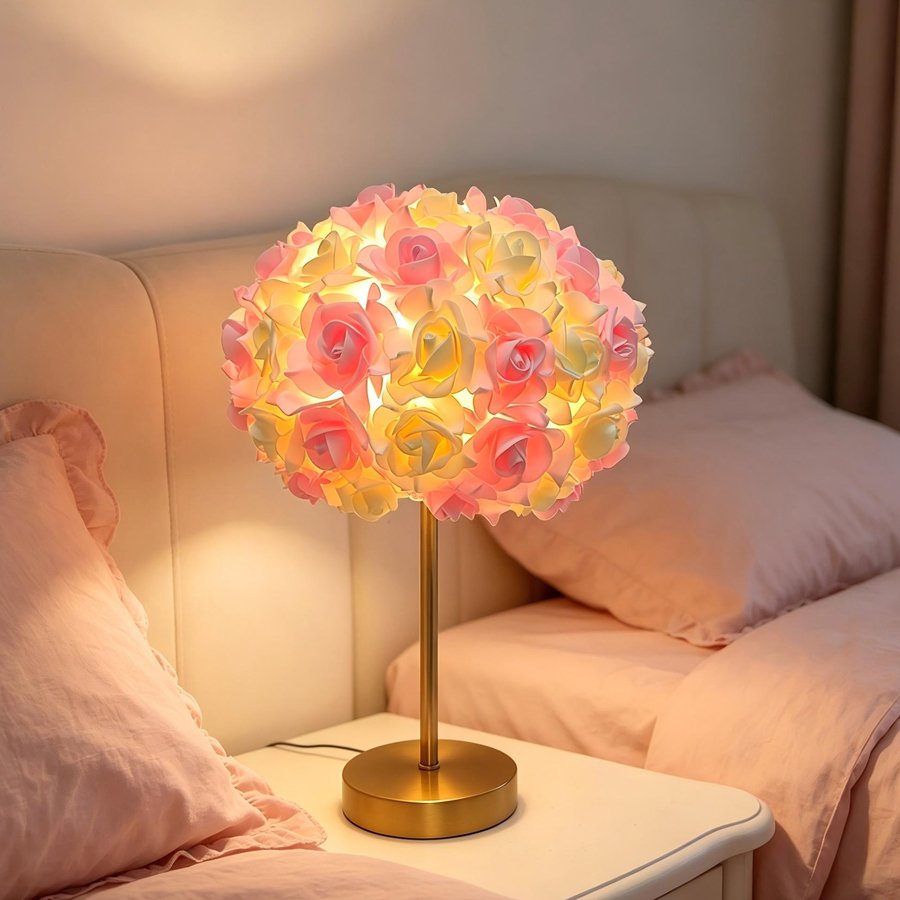 Aesthetic Rose Flower Ball Table Lamp, Romantic Floral Sphere Bedside Lamp with Gold Stand for Bedroom & Wedding Decoration