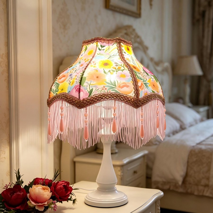 Colorful Garden Floral Print Fabric Lampshade, Pink Tassel Bead Pendant Replacement Lamp Shade for Table Floor Lamp Home Decor
