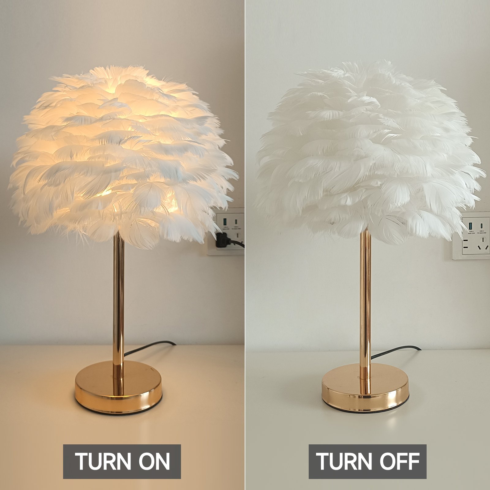 Fluffy Feather Table Lamp, Aesthetic Bedside Night Light with Gold Base & Plume Shade, Coquette Room Decor