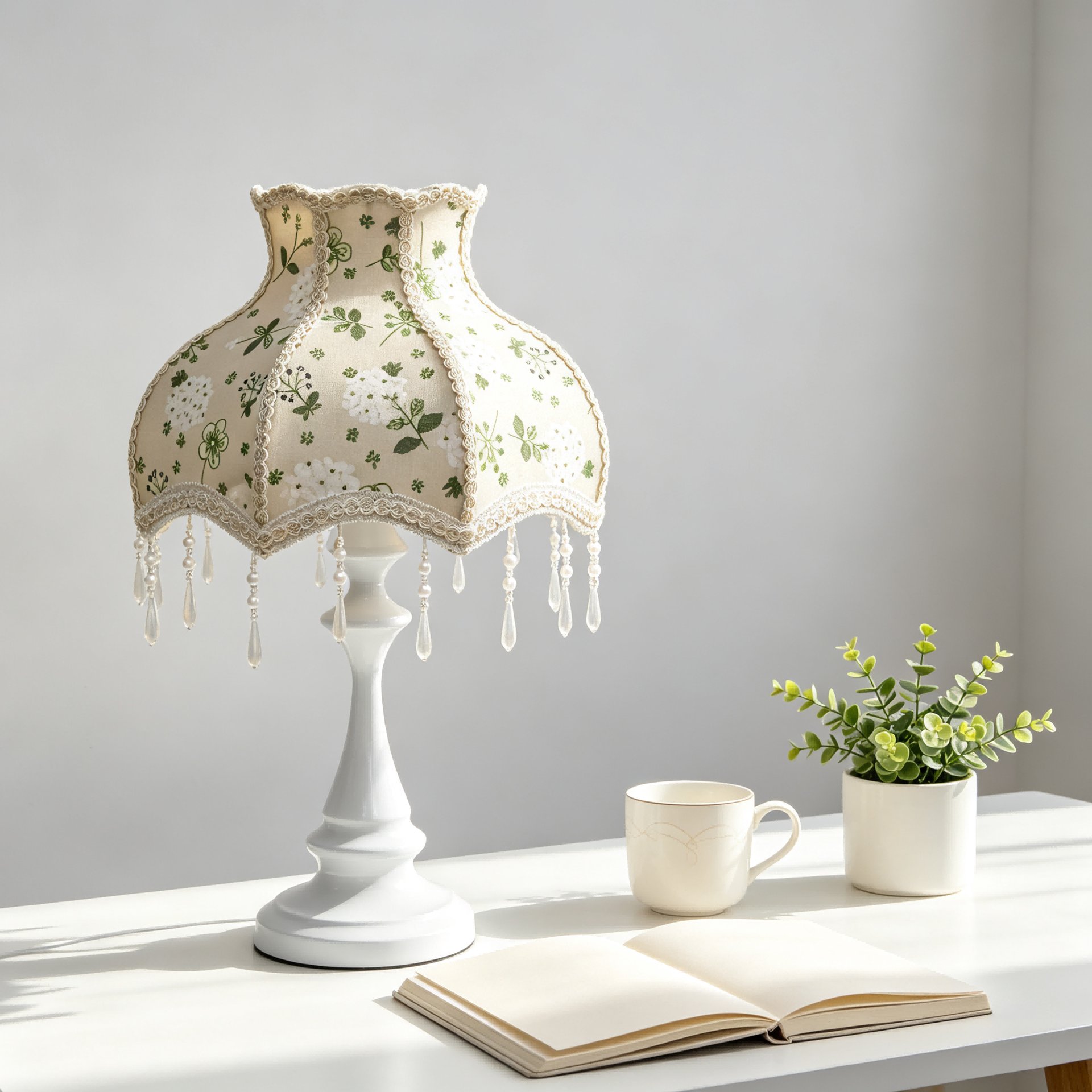 Vintage Floral Fabric Table Lamp Shade, Beige Base Green White Flower Print Lace Trim Crystal Bead Tassel Replacement Lampshade for Table Lamp, Cottage Decor Lamp Cover