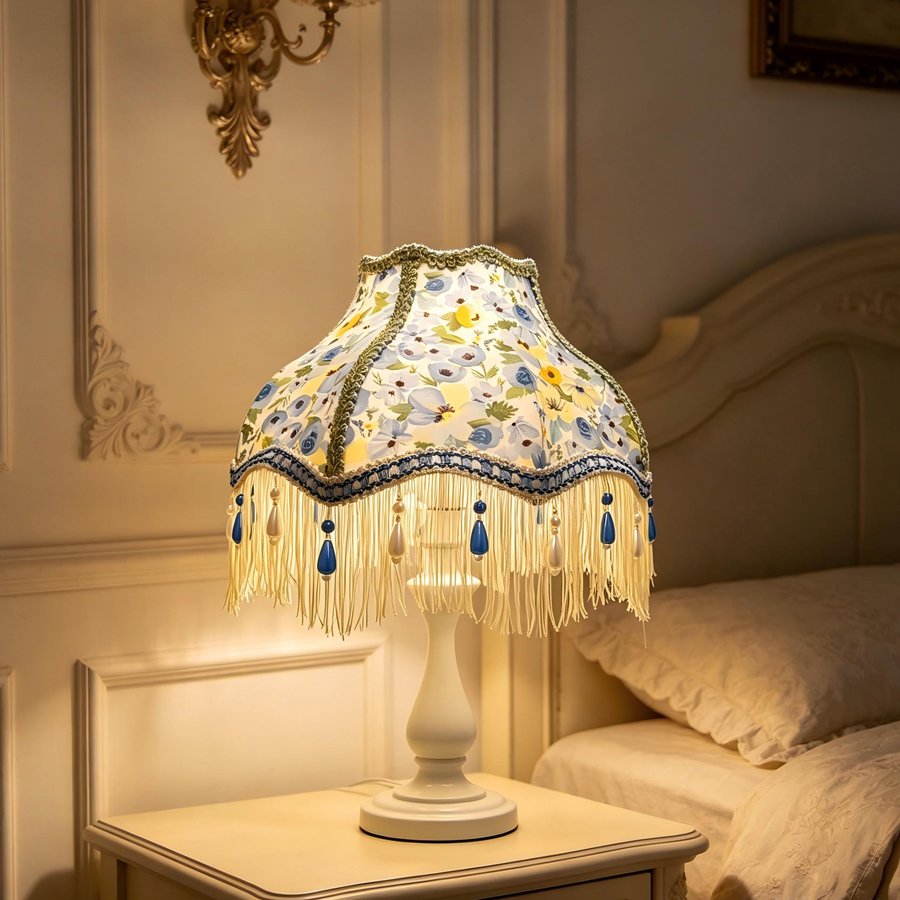 Flower‑Princess Pearl Tassel Lampshade, Girlish‑Style Wedding Room Fabric Table Lamp Shade, Decorative Replacement Shell for Atmosphere‑Creating Bedroom Table Lamp