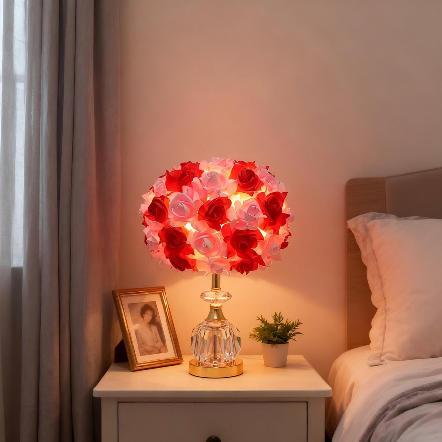 Pink Rose Ball Table Lamp, Light‑Luxury Crystal Base Bedside Lamp, Atmospheric Decorative Table Lamp for Girls' Bridal Rooms, Gift‑Giving Option
