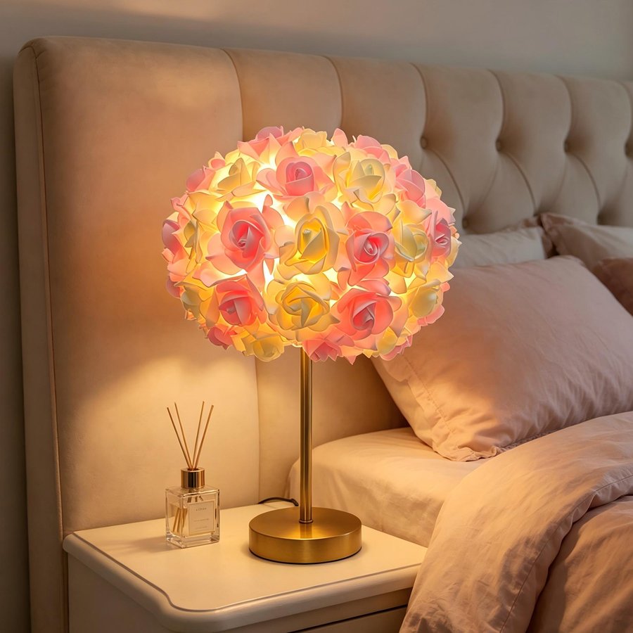 Aesthetic Rose Flower Ball Table Lamp, Romantic Floral Sphere Bedside Lamp with Gold Stand for Bedroom & Wedding Decoration