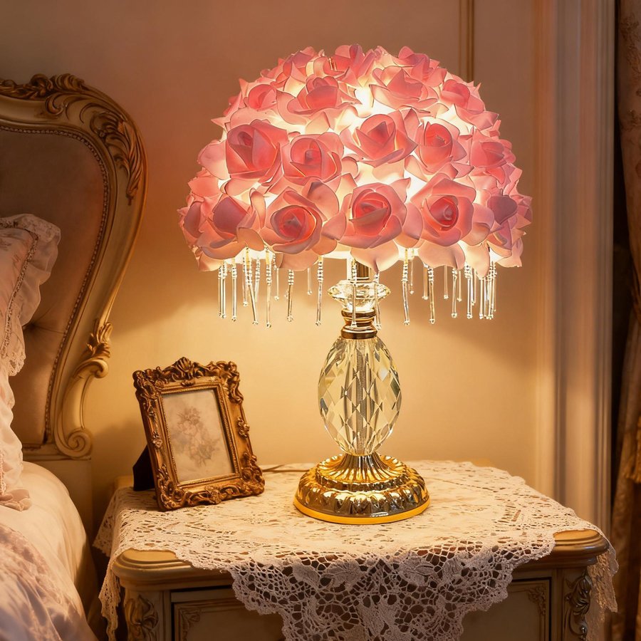 Pink Rose Ball Crystal Table Lamp, Crystal Tassel Vintage Desktop Lamp, Atmosphere Lamp for Wedding Gifts