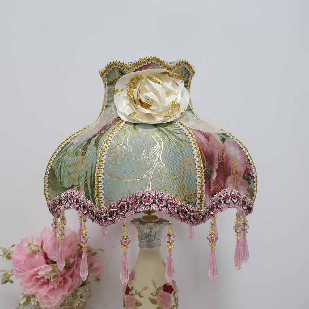Vintage French Floral Lampshade, Luxury Jacquard Fabric Table Lamp Shade with Crystal Beaded Tassels & Rose Accent, Victorian Room Decor (Lampshade Only)