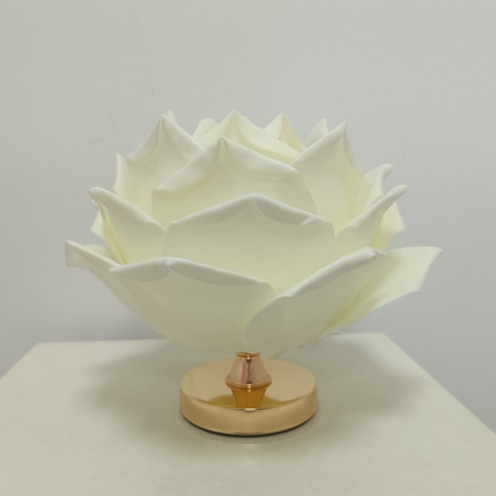 White 3D Lotus Table Lamp with Large Rose Metal Glossy Base - Zen-Inspired Floral Decor for Homestay Bedrooms, Ideal Gift