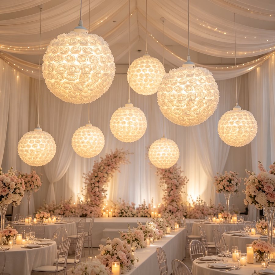 Warm and Romantic White & Taro‑Purple 3D Rose Sphere Fabric Lampshade, Replacement Lampshade Accessory for Girl‑Style Bedroom Pendant Lights and Table Lamps, Lampshade for Wedding Decorative Pendant Lights