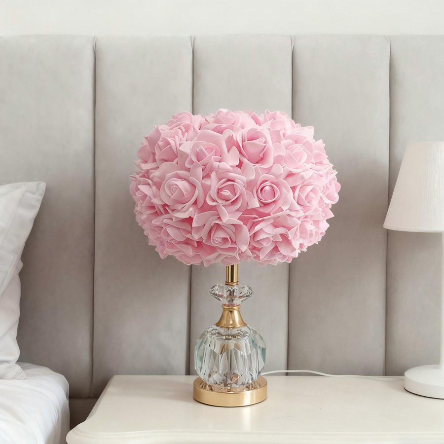Pink Rose Ball Table Lamp, Light‑Luxury Crystal Base Bedside Lamp, Atmospheric Decorative Table Lamp for Girls' Bridal Rooms, Gift‑Giving Option