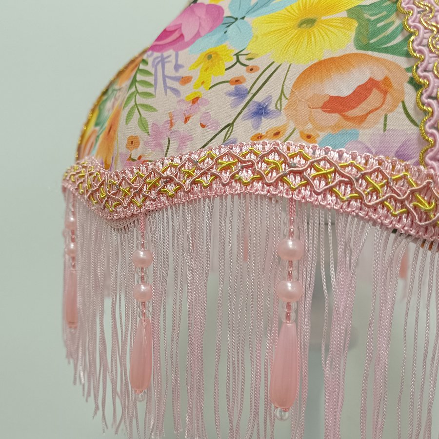 Colorful Garden Floral Print Fabric Lampshade, Pink Tassel Bead Pendant Replacement Lamp Shade for Table Floor Lamp Home Decor