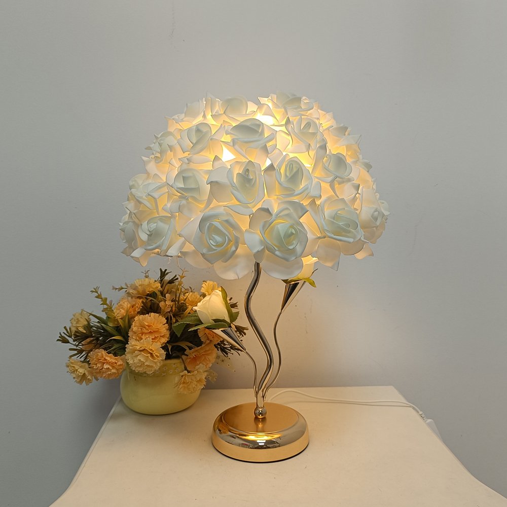Realistic White Rose Spherical Bouquet Table Lamp with Curved Golden Stand – Luxury Floral Déc