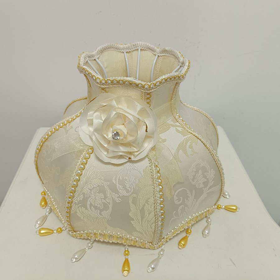 European Vintage Jacquard Fabric Lampshade, Beige‑Gold Rose Decor Bead Tassel Lamp Shade for Table Lamp Floor Lamp Home Decor