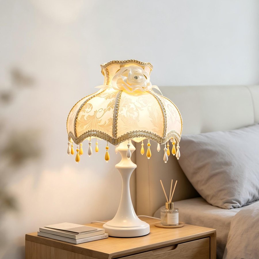 European Vintage Jacquard Fabric Lampshade, Beige‑Gold Rose Decor Bead Tassel Lamp Shade for Table Lamp Floor Lamp Home Decor