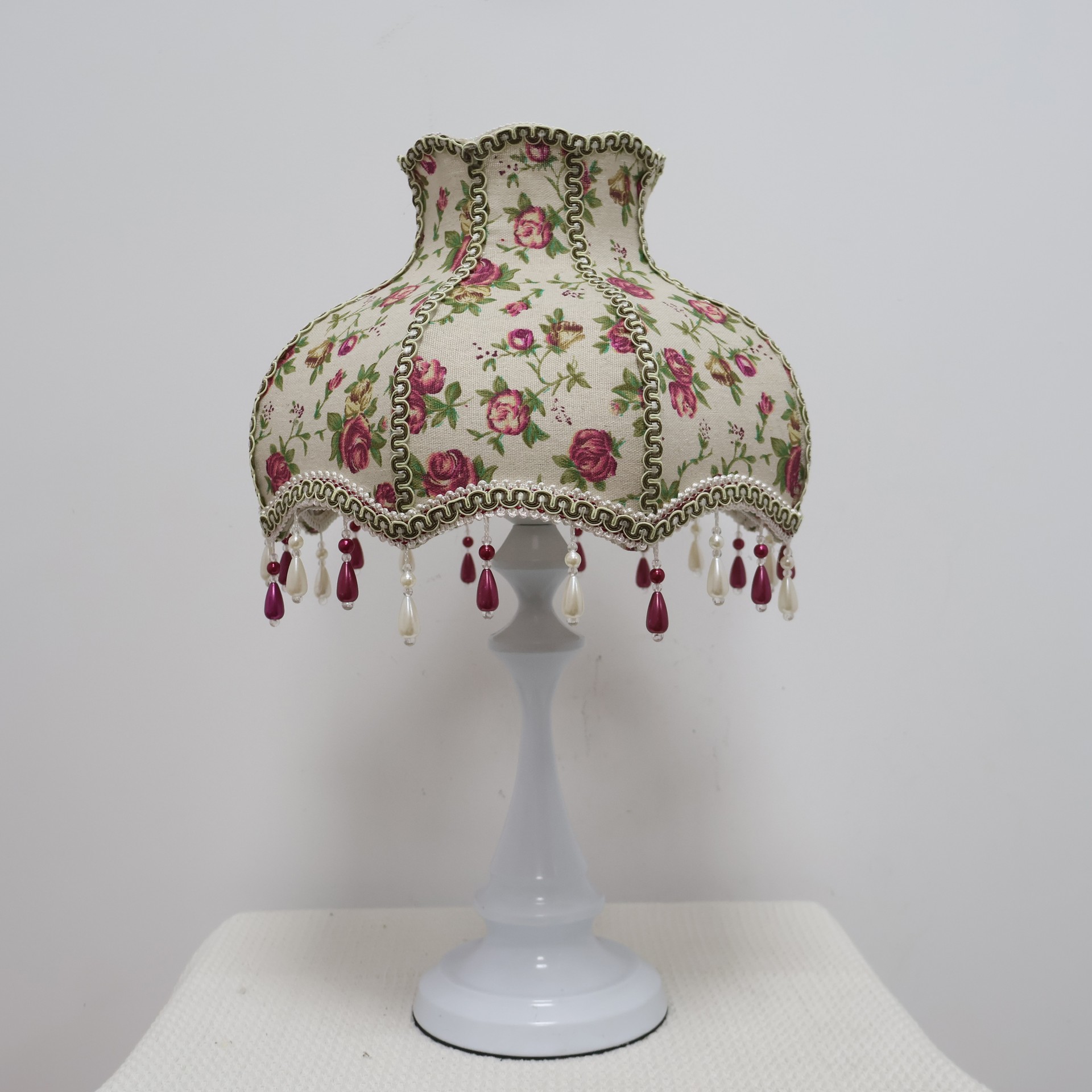 Vintage Floral Rose Linen Lampshade With Bead Tassel, French Country Cottagecore Replacement Lamp Shade For Bedside Table Lamp
