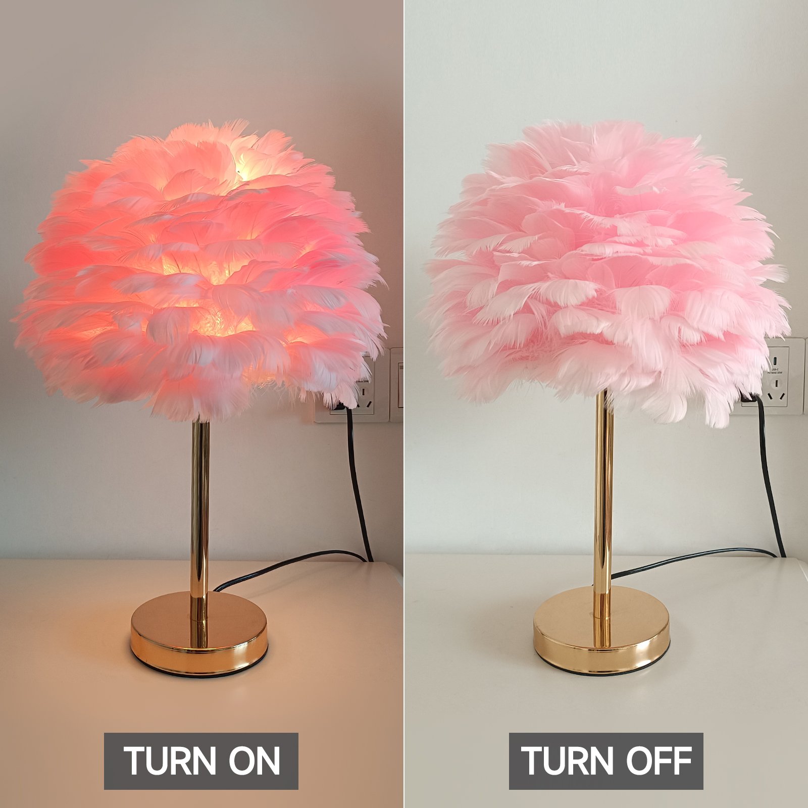 Fluffy Feather Table Lamp, Aesthetic Bedside Night Light with Gold Base & Plume Shade, Coquette Room Decor