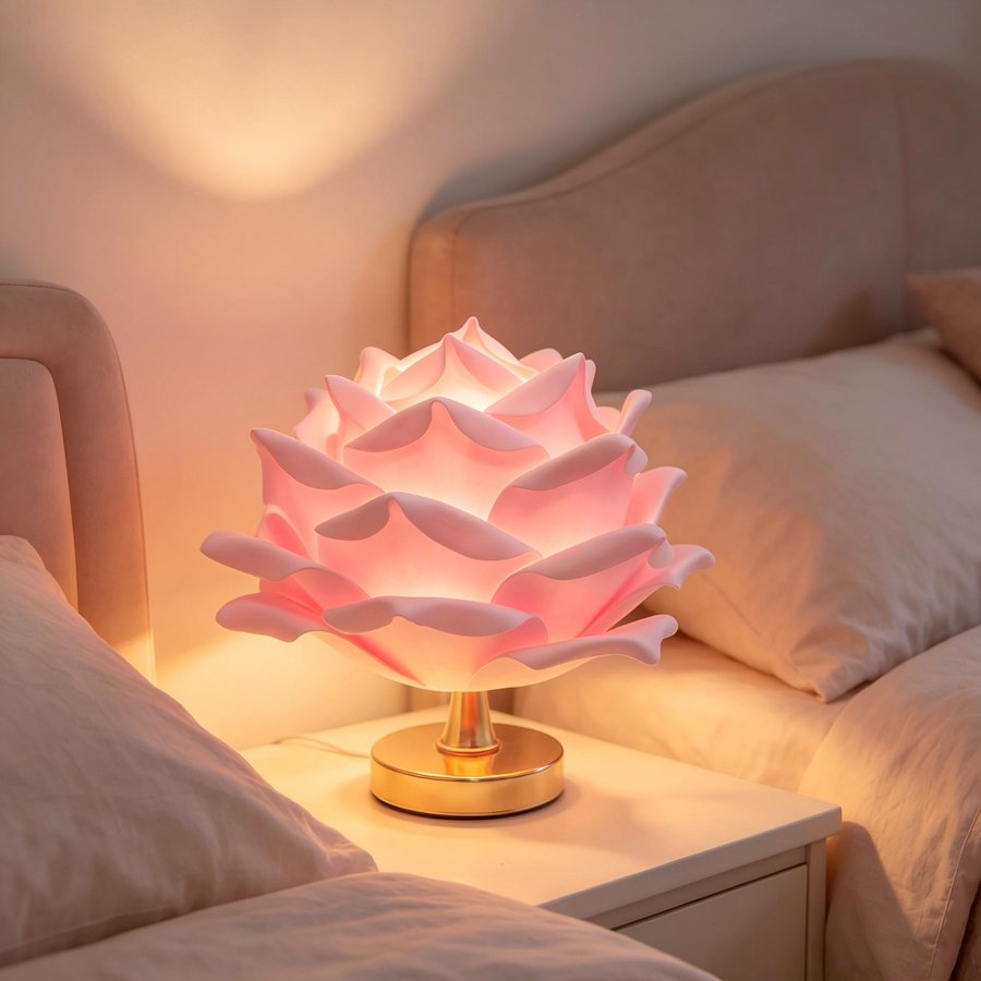 White 3D Lotus Table Lamp with Large Rose Metal Glossy Base - Zen-Inspired Floral Decor for Homestay Bedrooms, Ideal Gift