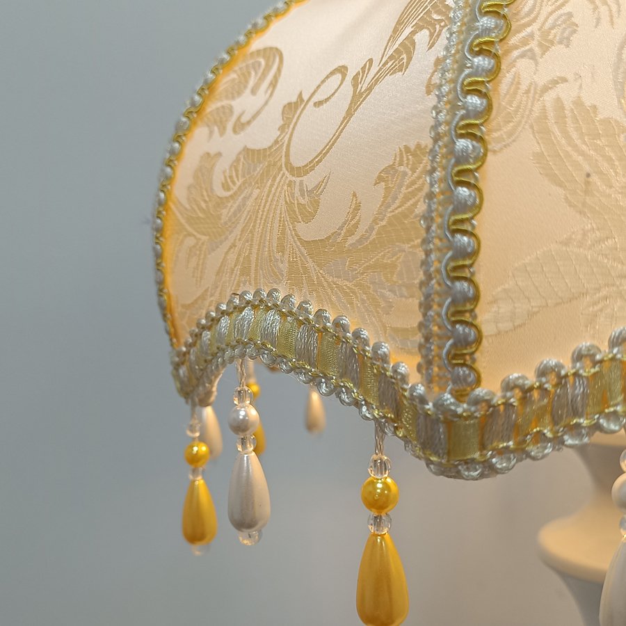 European Vintage Jacquard Fabric Lampshade, Beige‑Gold Rose Decor Bead Tassel Lamp Shade for Table Lamp Floor Lamp Home Decor