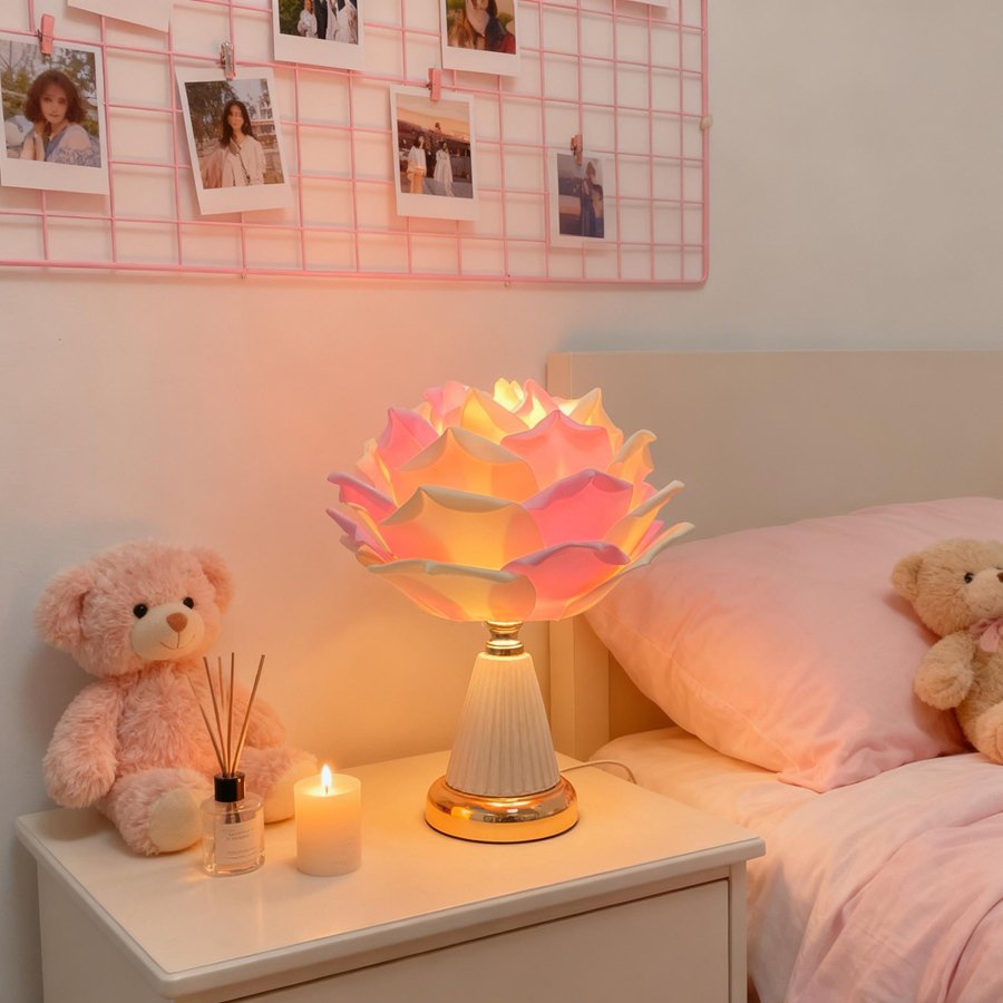 Pink‑white gradient large rose flower table lamp, ceramic‑texture base bedroom bedside lamp, romantic wedding‑room atmosphere decorative table lamp