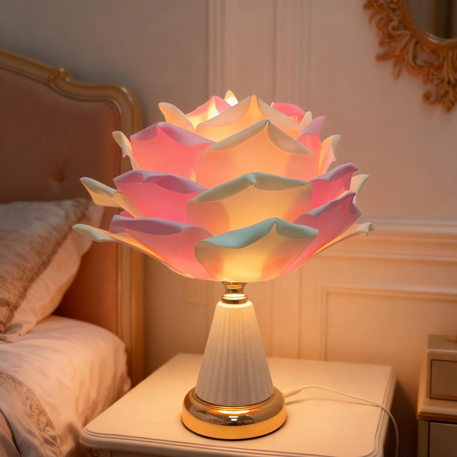 Pink‑white gradient large rose flower table lamp, ceramic‑texture base bedroom bedside lamp, romantic wedding‑room atmosphere decorative table lamp