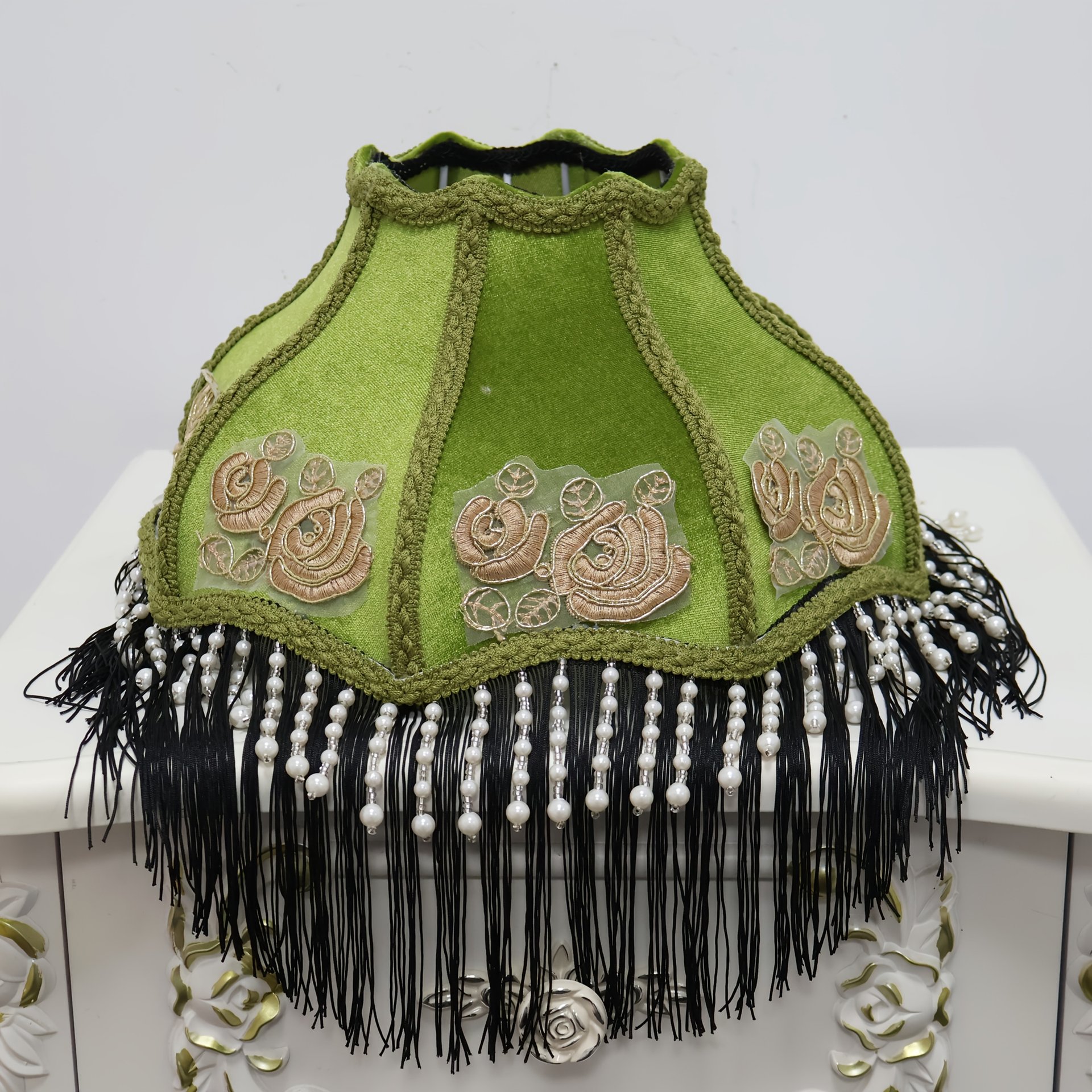 Vintage French Floral Lampshade, Victorian Jacquard Fabric Table Lamp Shade Replacement with Beaded Tassels, Antique Room Decor (Lampshade Only)