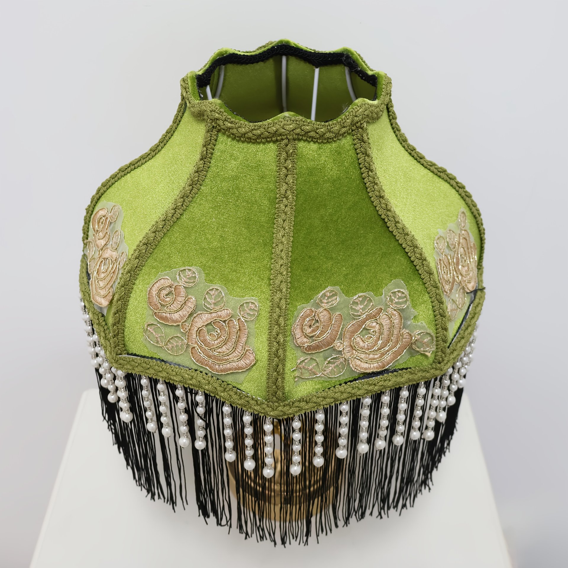 Vintage Green Velvet Lampshade With Rose Embroidery Pearl Beads and Black Tassels
