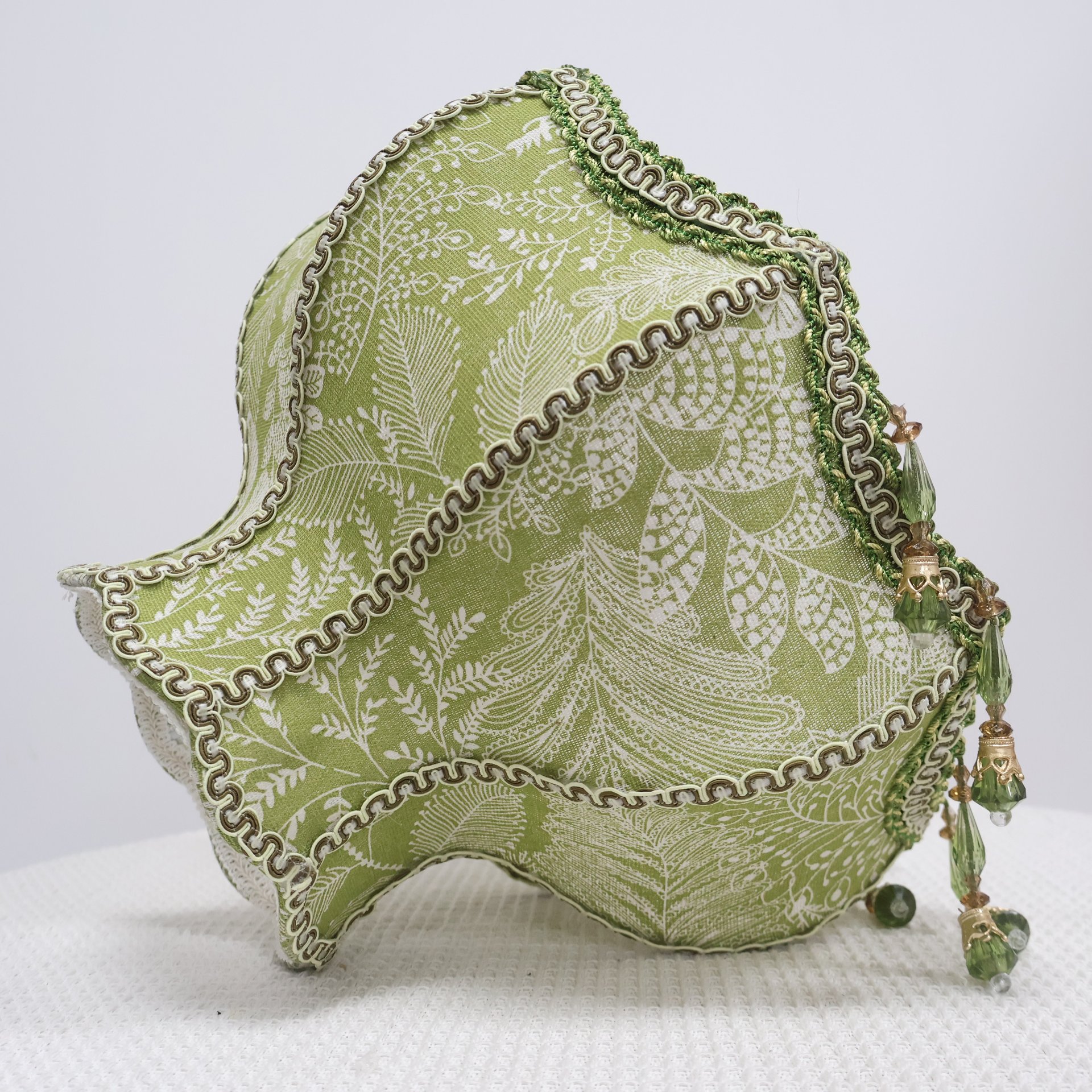 Vintage Green Botanical Embroidery Fabric Replacement Lamp Shade with Green Crystal Bead Tassels, French Country Decor Table Lamp Lampshade