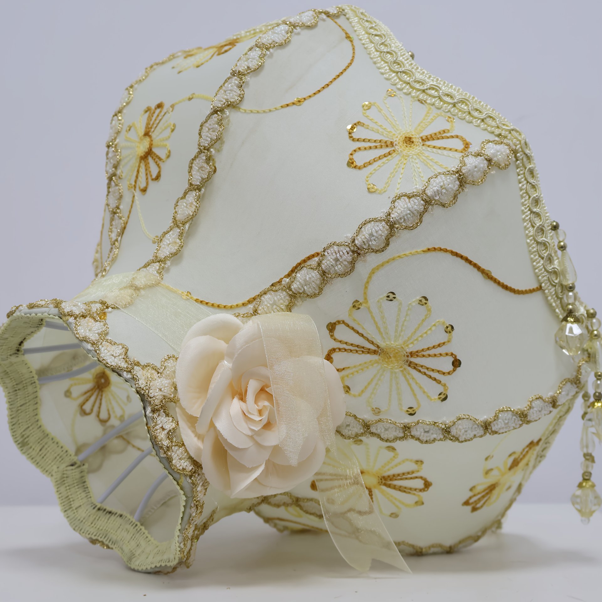 Vintage Embroidered Fabric Shade, featuring Swarovski Crystal and Mountain Tea Flower Pattern.