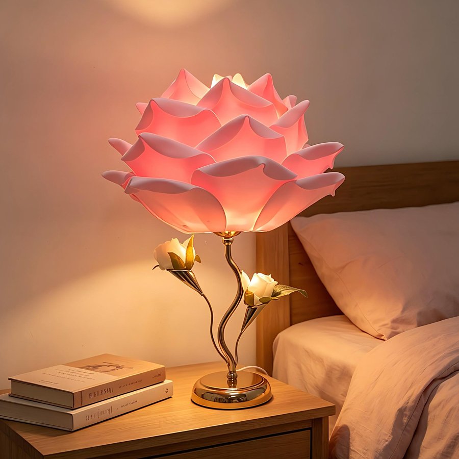 Large‑sized white rose flower table lamp, romantic floral decorative lamp, bedroom ambient bedside lamp