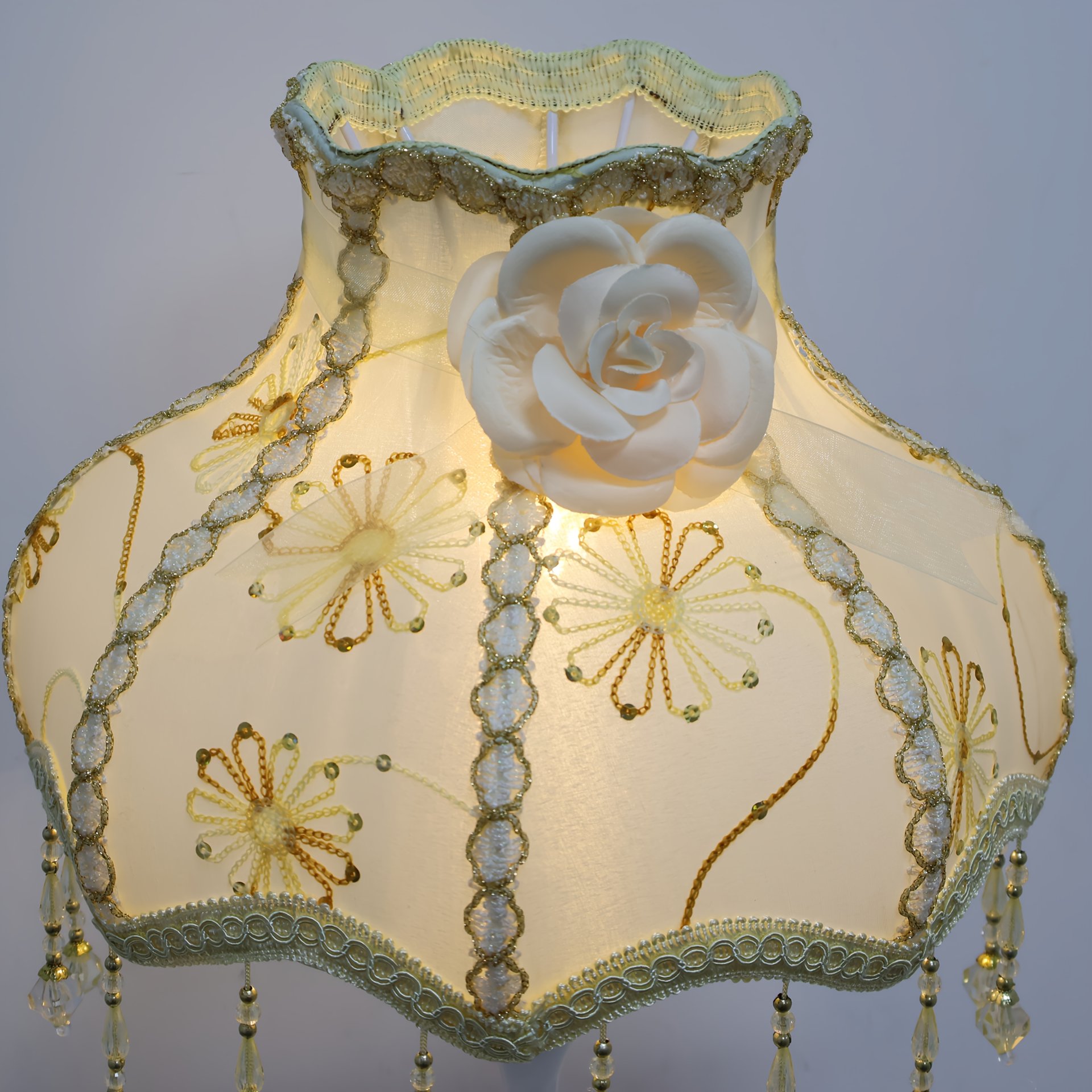 Vintage Embroidered Fabric Shade, featuring Swarovski Crystal and Mountain Tea Flower Pattern.