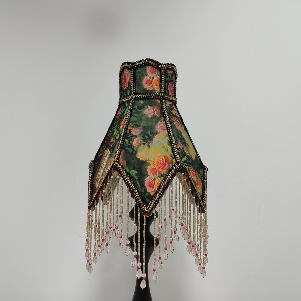 Gothic Romantic Floral Lampshade for Desk Lamp, Retro Oil Painting Style Light Shade with Fringe, Antique Home Decor