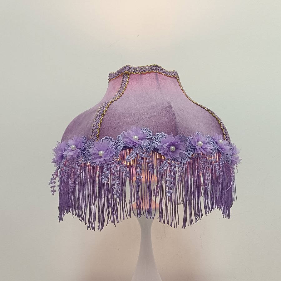 Purple Velvet Fabric Lampshade Flower Pearl Lace Purple Tassel Lamp Shade For Table Lamp Bedroom Vintage Home Decor