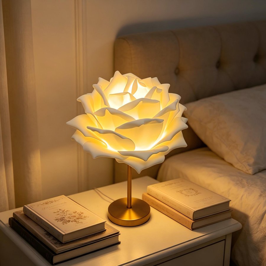 Desktop Table Lamp with Simulated Large Rose‑Petal Shape, Romantic Small Table Lamp for Bridal Chamber and Homestay Decoration