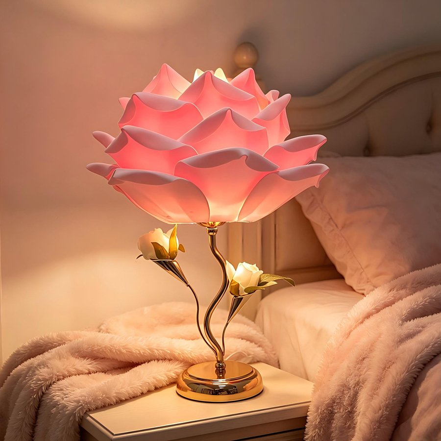 Large‑sized white rose flower table lamp, romantic floral decorative lamp, bedroom ambient bedside lamp